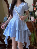 Pbong  French Sweet Dresses Peter Pan Collar Puff Sleeve Plaid Pleated Irregular Ruffles Dress Summer Female Slim Women's Clothing