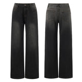 Women Jeans Low Waist Solid Color Wide Leg Straight Trousers with Pockets for Daily Streetwear Fashion Denim Pants