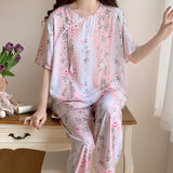 Pbong  Summer New Arrived Retro Pajamas Women Floral Printing Night Suit Female Short Sleeve Sleepwear For Sleeping Pyjama Night Wear