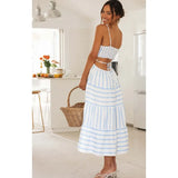 Summer New Women's Patchwork Striped Fashion Long Dress Square Collar Loose A-line Lace Up Vacation Beach Women Dresses