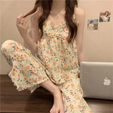 Women's New Pajamas Homewear Set Summer Retro Small Broken Flowers Halter Short-Sleeved Long Pants Thin Pajamas Homewear Set