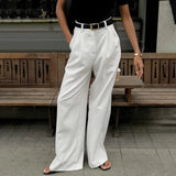 Pbong  New Autumn Elegant High Waist Straight Leg Trousers for Women Floor Length Commuter Suit Pants Polyester Fiber Loose White
