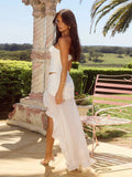 Women's Ruffled Strapless Top Skirt Suit Sexy Sleeveless Vest Mesh Splice Long Skirt Irregular Lady See Through Dress Set
