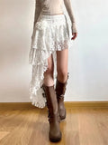 Boho Elegant Lace Skirt Women Tulle Vintage White Skirts Irregular Layered Street Summer Short Mid Skirt Korean Fashion