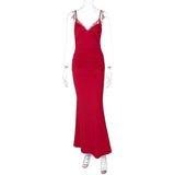 Spaghetti Strap Lace Sexy Maxi Dress For Women Gown Fashion V Neck Sleeveless Backless Ruched Bodycon Long Dress