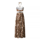 Fashionable French Style Sexy Backless Strapless Dress High Waist Long A- Line Skirt Polyester Geometric Print Street Style
