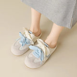 Pbong  Women Spring Summer Dual Lace Suede Backless Mule Sneakers Round Toe Slip on Gum Sole Vintage Casual Walking Flat Slide Shoes