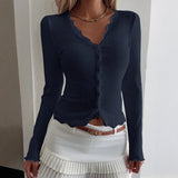 Pbong  New Autumn Solid Color Women‘s Tops Fashion Deep V Neck Lace Splicing Long Sleeve Cardigan Slimming Versatile Ladie T-Shirt