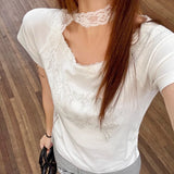 Pbong  O Neck Patchwork Lace Woman Tshirts Korean New Printing Tunic Pleated Tops Fashion Casual Y2k Slim Fit T Shirt