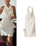 3D Flower Satin Halter-neck Short Dress 2025 New Fashion Beige Slim Sleeveless Dresses Backless Summer Party Dress For Women