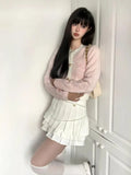 Korean Fashion Pink Cropped Cardigan Women Kpop Sweet Girl Knitted Sweater Bow Coquette Aesthetic Long Sleeve Tops New