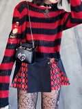 Pbong  Striped Women's Crop Sweater Punk Streetwear Korean Style Hole Thin Knitted Gothic Long Sleeve Y2k Pullover