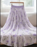 Purple Floral Chiffon Long Skirt Women High Waist Sweet Vintage Elegant Skirts Korean Casual Summer Soft Retro Long Skirts