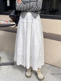 Embroidered Hollow Lace Spliced White Long Skirt 2025 Spring Summer New Elastic Waist Cotton A-line Vacation Beach Boho Skirt