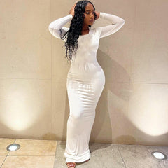 Autumn Y2K Clothes Long Sleeve O-Neck Bodycon Maxi Dresses For Women Club Party Streetwear Elegant Solid Outfits