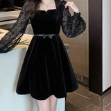 Pbong  French Style Square Collar Velvet Dress Women's Autumn New Waist Cinching Slimming Dress New Long Sleeve Mini Dress