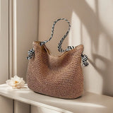 Pbong  Straw Woven Beach Bag for Women Fashion Large Capacity Travel Vacation Women's Shoulder Bag Summer New Casual Female Handbags