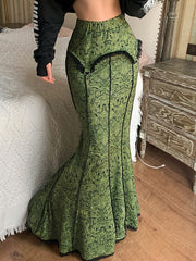 Goth Dark Fairycore Grunge Vintage Green Mermaid Skirts Gothic Aesthetic High Waist Women Sexy Long Skirt Ruffles Slim Partywear