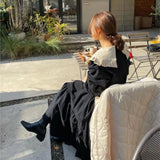 Large Turn Down Collar A-line Long Dress 2025 New Patchwork Belt Chic Black Spring Dress Loose Ruffle Fashion Summer Dresses