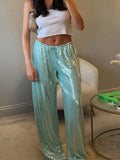 Pbong  Sequin Loose Lace Up Pants Women Casual Elastic Low Waist Wide Leg Trousers Female Summer Lady Shiny Party Club Pant New