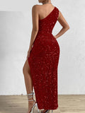 One Shoulder Maxi Long Dresses Women Sparkling Sequin Backless Sexy Evening Party Vestidos Slim Ruched Summer Dress