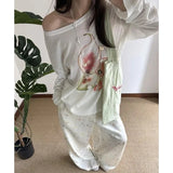 Elegant Off Shoulder T Shirt Women Korean Style Transparent Long Sleeve Tees Y2k Thin Loose Vintage Streetwear Tops