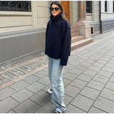 Solid High Neck Double Button Topcoat Dropped Shoulder Loose 2025 Autumn Short Elegant Jacket Women Urban Casual Lady Outerwear