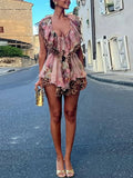 Pbong  Floral Print Romper Sleeveless Ruffle Trim Deep V Neck Irregular Hem Light Chiffon Fabric Summer Vacation Lady Chic Romper
