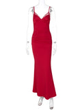 Spaghetti Strap Lace Sexy Maxi Dress For Women Gown Fashion V Neck Sleeveless Backless Ruched Bodycon Long Dress