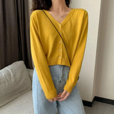 Women's Long Sleeve Cropped Cardigan V Neck Button Down Sweater Jacket Single Breasted Plain Fitted Knit Cardigan Basic Outfit