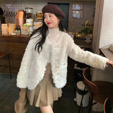 Women Sweet Cute Faux Lamb Coat Winter Warm Thick Slim Long Sleeve Vintage Jacket Korean O Neck Elegant Pearls Buttons Tops New