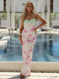 Lace Print Spaghetti Strap Sexy Maxi Dress Women Elegant Off-shoulder Sleeveless Backless High Waist Bodycon Dress
