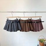 Y2K Checkered Pleated Skirt with Belt Thick Woolen Plaid Short Skirt Teen-girl 9s Preppy Style Autumn Winter Outfit