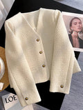 Slim Elegant Tweed Jacket Women Vintage Long Sleeve Sweet Short Coat French Casual Vintage Lady V Neck Single Breasted Tops