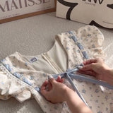 Pbong  Summer Floral Lace Chic Dress Women Square Neck Puff Sleeve Bow High Waist Princess Dress Sweet Cute Elegant Casual Party Dress