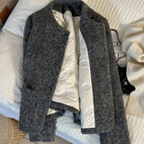 Vintage Faux Woolen Coat Women Warm Winter Thick Long Sleeve Gray Cotton Jacket Female Retro O Neck Pockets Casual Tops New