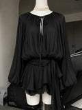 French Elegant Vintage Black Chiffon Dress Long Sleeve V Neck Autumn Women Sweet Dress Casual Holiday Evening Party Wear