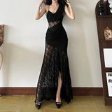 New Vintage Punk Solid Color Slimming High Waist Dress Fashion V-neck Strap Mesh Y2K Retro Dresses Women's Clothing