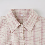 Pbong  Korean Fashion Pink Plaid Slimming Blouse Women Turn-Down Collar Long Sleeve Buttons Shirts Casual Woven Top Fashion New