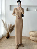 Elegant Solid Women Knitted Dress Simple Korean Slim Long Sleeve Ankle Length Dress Casual V Neck Office Ladies Chic Dress