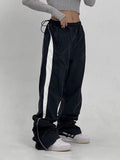 American Retro Casual Straight Leg Track Pants Women Side Contrast Patchwork Elastic Waist Hippie Jogging Trousers