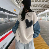 Women's Long Sleeve Pullover Vintage Denim Patchwork Knit Sweater Autumn Women O-Neck Heart Sweater Loose Harajuku Sweatshirt