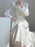 Autumn Women White Solid Long Sleeve Long Dress Elegant A-line Sweet Dresses Vintage Casual Birthday Vestidos Female Clothes