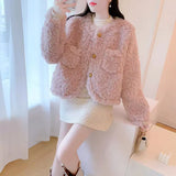 Pink Sweet Faux Lamb Coat Women Winter Warm Long Sleeve Chic Short Coat Korean Elegant Female O Neck Cute Thick Outwear New