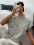 Pbong  Beaded Round Neck Knit Sweater Short Sleeve Cropped Loose Spring Women Elegant Casual Knit Top Fashion Trendy Ladies Jumper