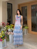 Romance Off The Shoulder Floral Sleeveless Mesh Top Gradient Blue Summer Tank Top Woman 2025 Korean Fashion