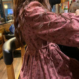 Pbong  Autumn New Corduroy Floral Dress Looks Slim High Waisted Drawstring Sweet Elegant Printed Round Neck Loose Long Sleeved Dresses