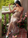 Mesh Floral Print Maxi Dress Women Spaghetti Strap Sleeveless Lace-up Split Sundress Ladies Club Party Long Tank Dress