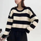 Striped Knit Sweater for Women Long Sleeve Crew Neck Crop Knit Top Pullovers Striped Jumper Teen-girl Fall Winter Vintage Outfit
