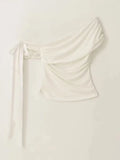 White Ribbon Off shoulder Top Women Bow Tied One shoulder Short sleeve T shirt Designer Wrinkle Slim fit Crop Top Shirt Korean